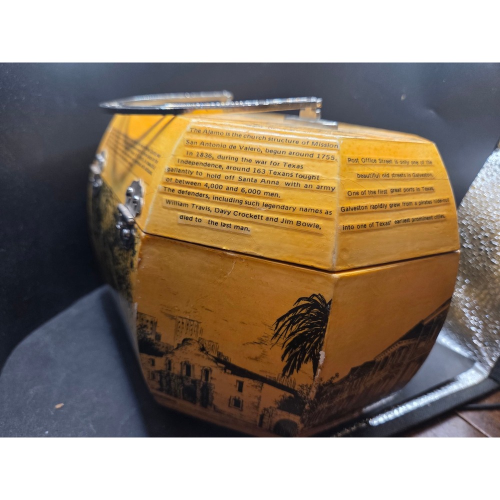 Vintage Yellow Wooden Jewelry Organizer Box with Historic Print - Picture 9 of 10
